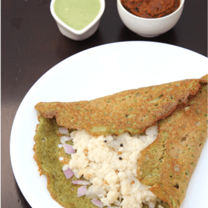 Pesarattu Upma with Ginger Chutney and Coconut Chutney